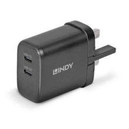 Lindy 65W USB 2 x Type C GaN Charger  Input UK Plug  Output 2 x USB Type C Female  Black