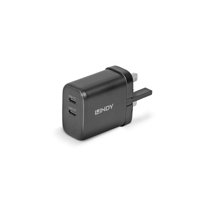 Lindy 65W USB 2 x Type C GaN Charger  Input UK Plug  Output 2 x USB Type C Female  Black