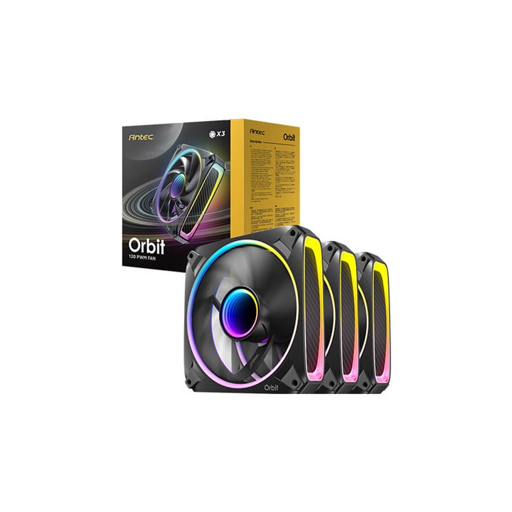 Antec Orbit 120 ARGB 120 mm PWM Fan Triple Pack  - 120 mm x 28 mm  Fluid Dynamic Bearing  200-2000 RPM  66.72 CFM  aRGB Lighting