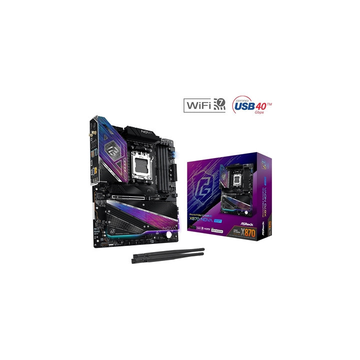 ASRock PHANTOM GAMING X870 Nova WiFi AMD AM5 Socket Motherboard  ATX  4x DDR5 Slots  5x M.2 Sockets  5GbE LAN  Wi-Fi 7  1x HDMI 