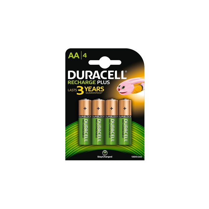 Duracell Recharge Plus Pack of 4 AA 1300mAh Rechargeable Batteries