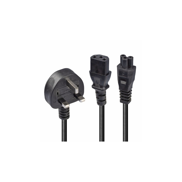 Lindy 30374 2.5m UK 3 Pin Plug To IEC C13 (Kettle) & IEC C5 (Clover) 10 Amp Mains Splitter Extension Cable - Black