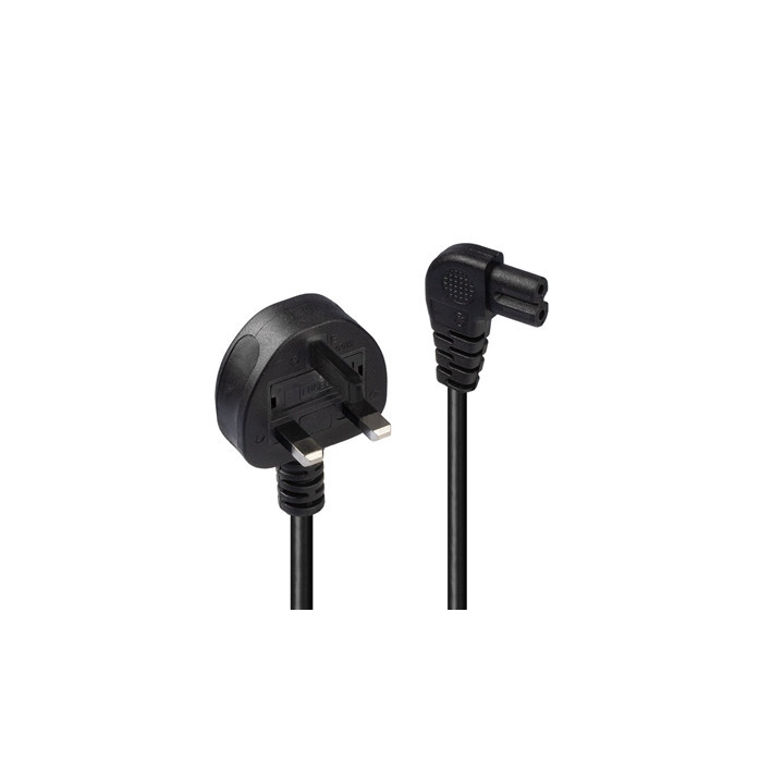 Lindy 30454 0.5m UK 3 Pin Plug To Right Angle IEC C7 (Figure-8) 3 Amp Fuse Mains Extension Cable - Black
