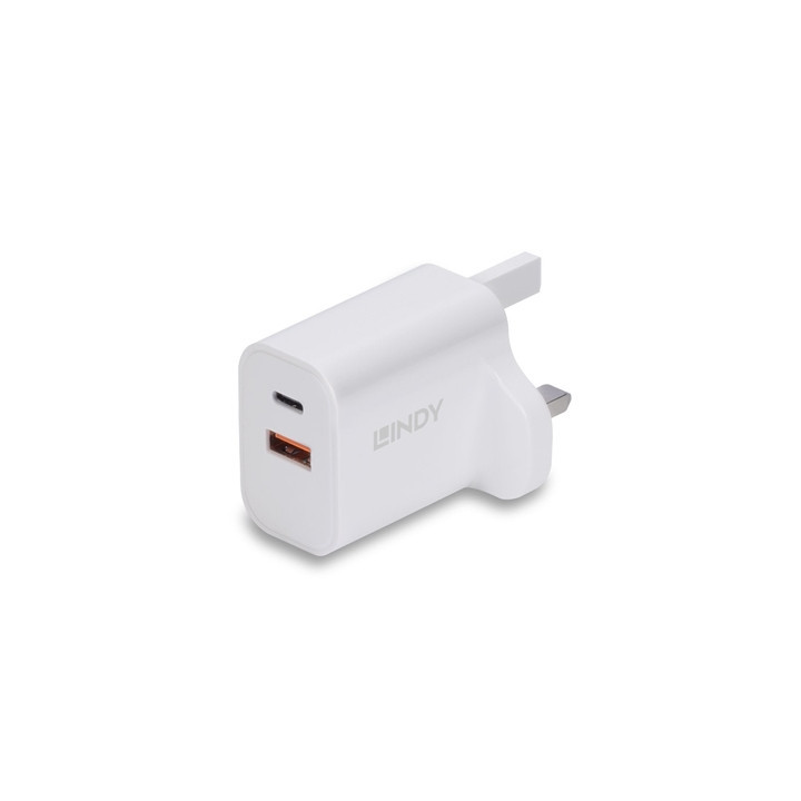 LINDY 73425 30W USB Type A & C Charger UK Plug  3A  Power Delivery 3.0 + PPS  2 Output Connectors (USB  24 pin USB-C)  White
