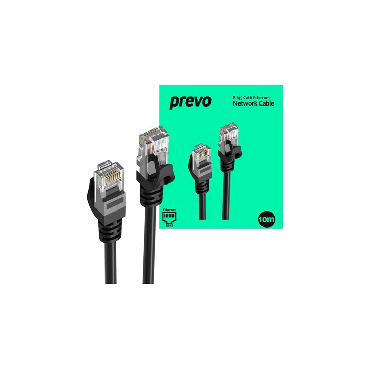 Prevo CAT6-BLK-10M Network Cable  RJ45 (M) to RJ45 (M)  CAT6  10m  Black  Oxygen Free Copper Core  Sturdy PVC Outer Sleeve & Cli