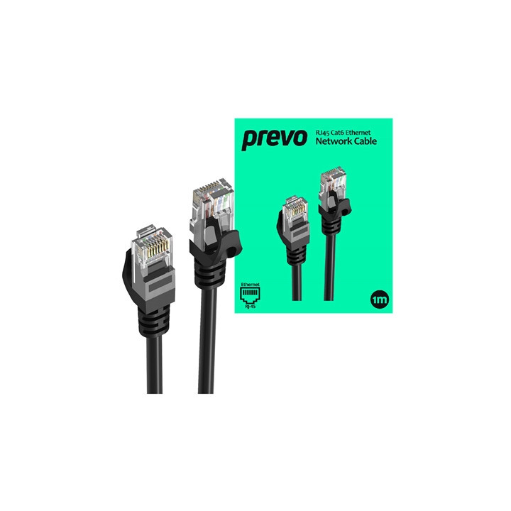 Prevo CAT6-BLK-1M Network Cable  RJ45 (M) to RJ45 (M)  CAT6  1m  Black  Oxygen Free Copper Core  Sturdy PVC Outer Sleeve & Clip 