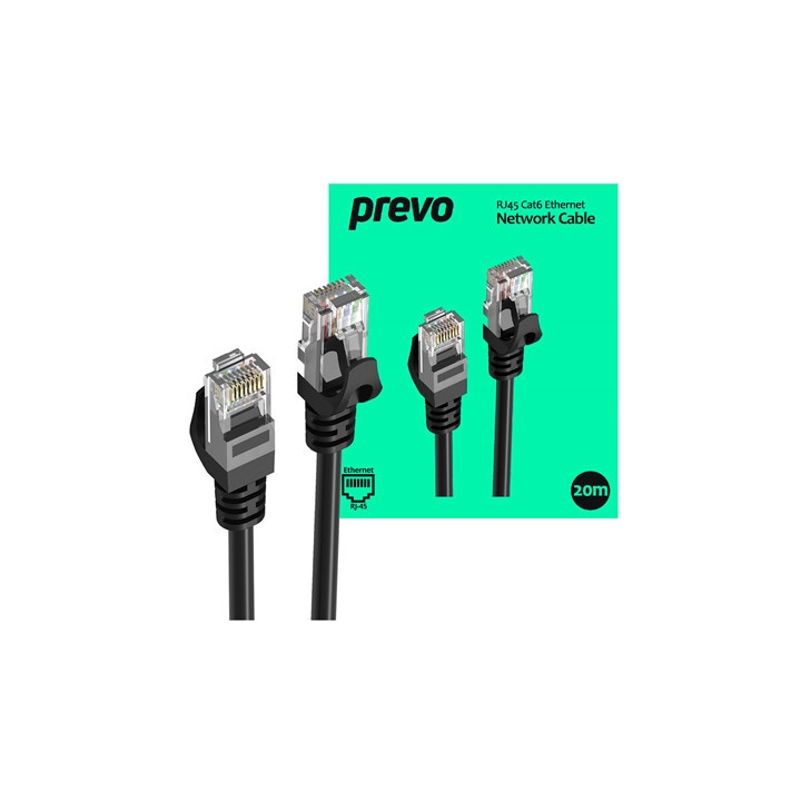 Prevo CAT6-BLK-20M Network Cable  RJ45 (M) to RJ45 (M)  CAT6  20m  Black  Oxygen Free Copper Core  Sturdy PVC Outer Sleeve & Cli