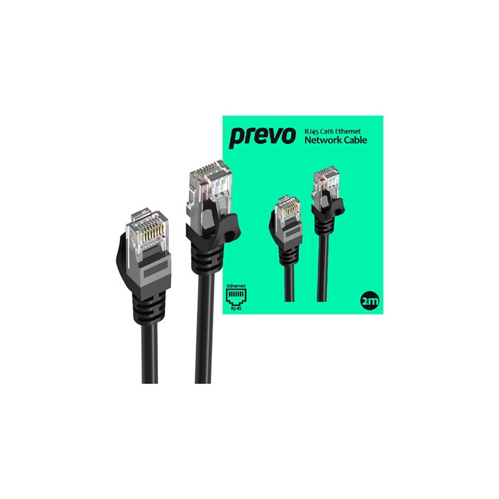 Prevo CAT6-BLK-2M Network Cable  RJ45 (M) to RJ45 (M)  CAT6  2m  Black  Oxygen Free Copper Core  Sturdy PVC Outer Sleeve & Clip 