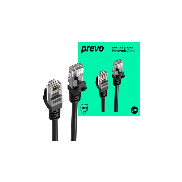 Prevo CAT6-BLK-5M Network Cable  RJ45 (M) to RJ45 (M)  CAT6  5m  Black  Oxygen Free Copper Core  Sturdy PVC Outer Sleeve & Clip 