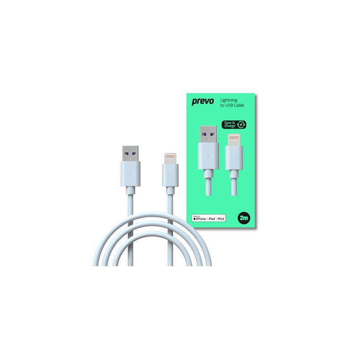 Prevo USB-LIGHTNING-2M Lightning Cable  USB 2.0 A (M) to Apple Lightning (M)  2m  White  MFI Certified  Fast Charging up to 2.1A
