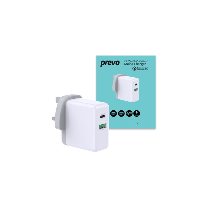 Prevo QC72 65W USB Type-C & USB Type-A Fast Charge Mains Charger with Qualcomm Quick Charge 3.0 and 1.5m 100W USB-C Cable for La
