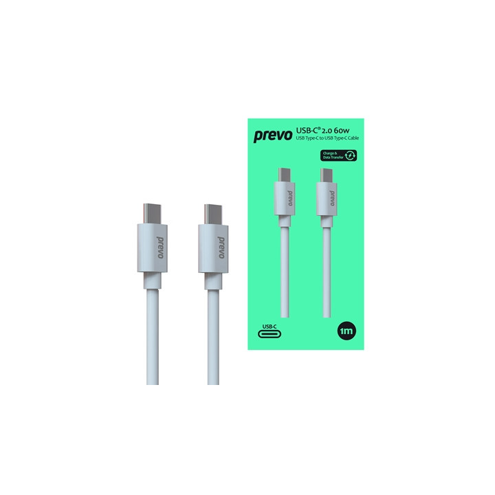 Prevo USB 2.0 60W C to C PVC cable  20V/3A  480Mbps  White  Superior Design & Performance  Retail Box Packaging