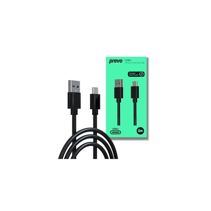 Prevo USBA-USBC-2M Data Cable  USB 2.0 Type-A (M) to USB 2.0 Type-C (M)  2m  Black  Fast Charging up to 2.1A / 5V  Nickel Plated