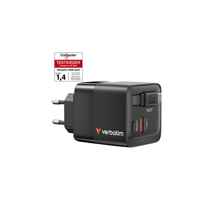 Verbatim GaN Wall Charger 65W 2 Port with Retractable Cable