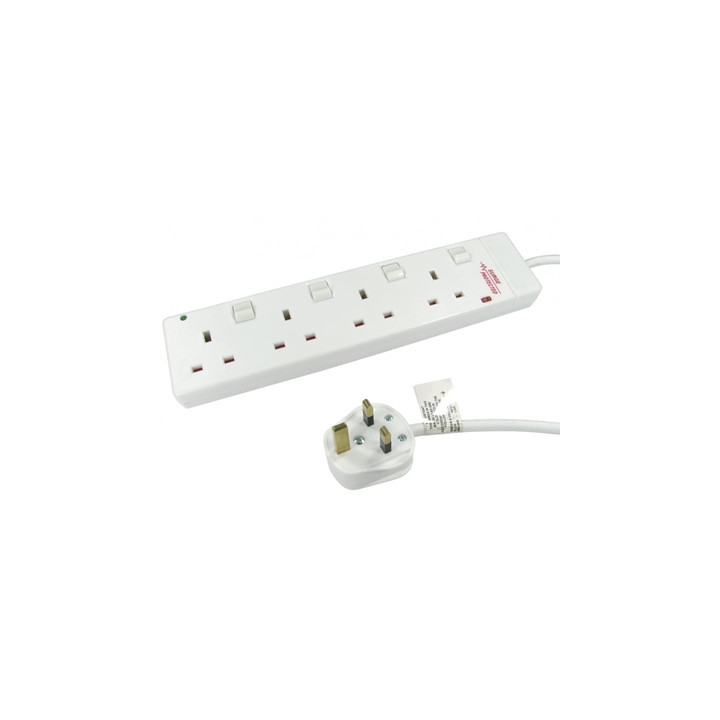 2m 4 Gang Surge Protected LED Indicator Individually Switched UK Mains Extension - White