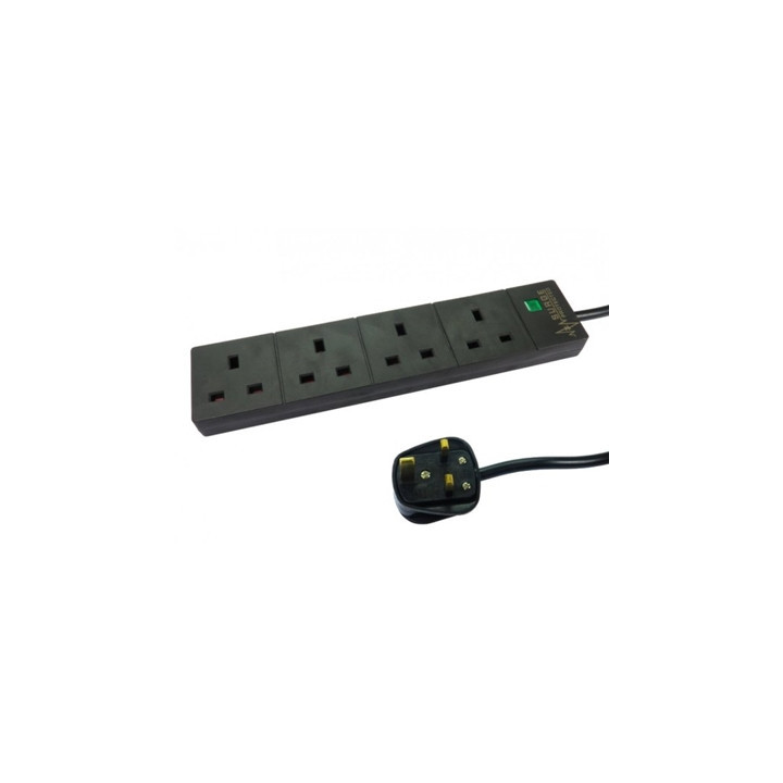 2m 4 Gang Surge Protected LED Indicator UK Mains Extension - Black