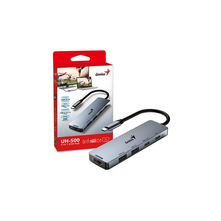 Genius USB Type-C 5-In-1 Hub Docking Station with USB-C 100W Power Delivery  USB-C 3.0  2x USB A 3.0  4K HDMI  PC  Laptop  Table