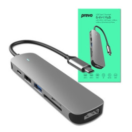 Prevo C605A 6-In-1 USB-C 4K Media and Data Transfer Hub Docking Station with 60W Passthrough  USB-C  HDMI  SD  USB-A  for PC  La
