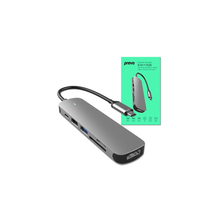 Prevo C605A 6-In-1 USB-C 4K Media and Data Transfer Hub Docking Station with 60W Passthrough  USB-C  HDMI  SD  USB-A  for PC  La