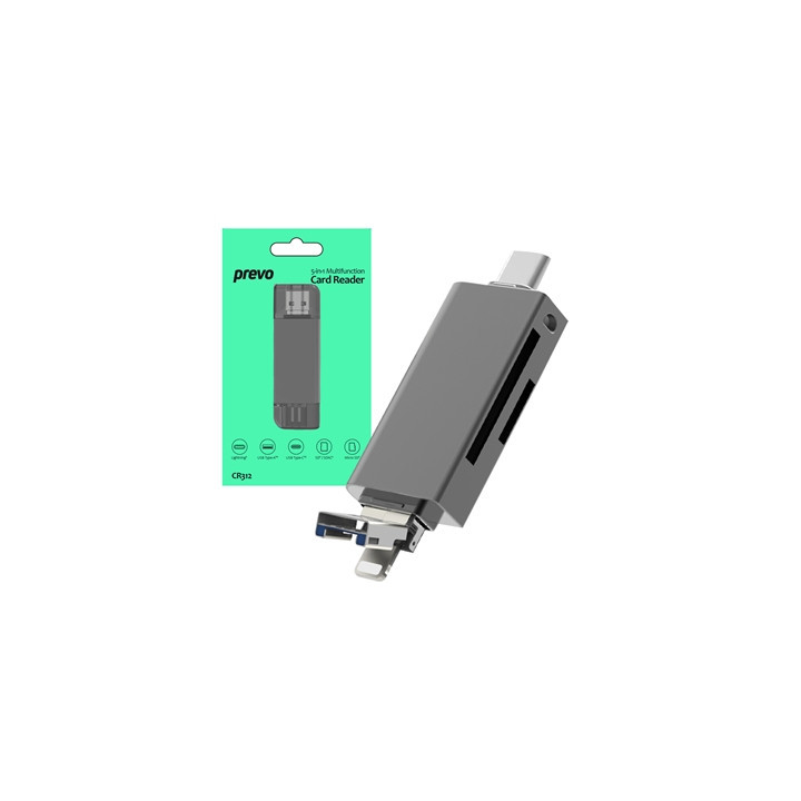 Prevo CR312 USB 2.0  USB Type-C and Lightning Connection  Card Reader  High-speed Memory Card Adapter Supports SD/Micro SD/TF/SD