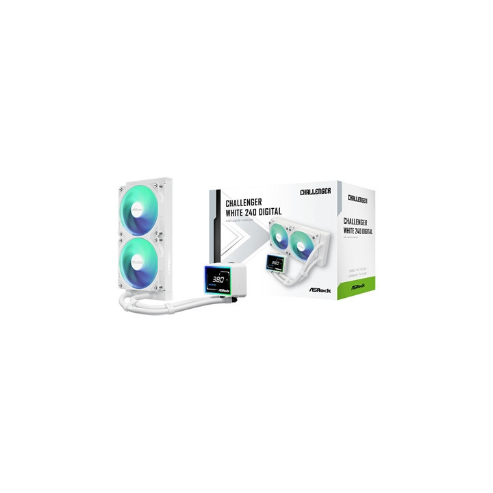 ASRock Challenger 240 Digital AIO Liquid CPU Cooler  240mm Radiator White  Dual 120mm PWM ARGB Fans  3“ Digital Display  Intel L