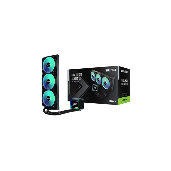 ASRock Challenger 360 Digital AIO Liquid CPU Cooler  360mm Radiator  Triple 120mm PWM ARGB Fans  3? Digital Display  Intel LGA17