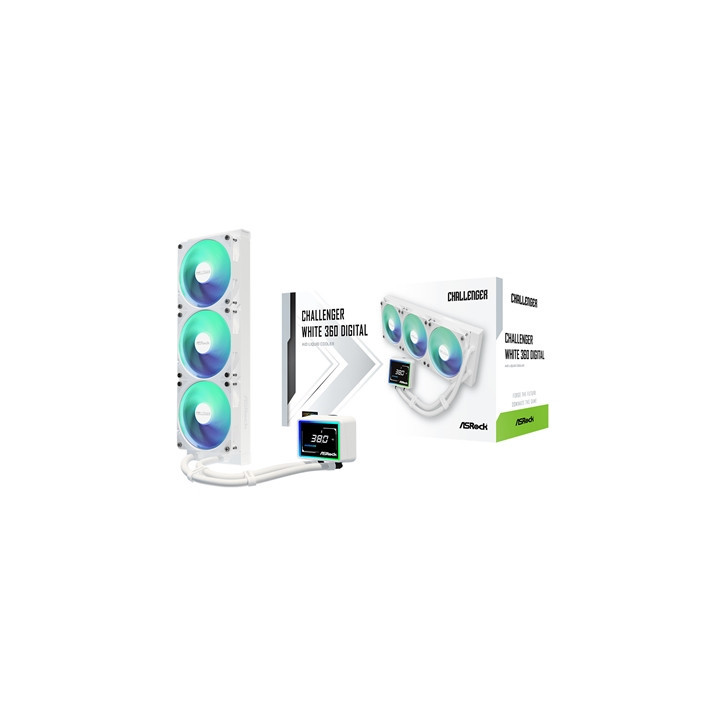 ASRock Challenger 360 Digital White AIO Liquid CPU Cooler  360mm Radiator  Triple 120mm PWM ARGB Fans  3? Digital Display  Intel