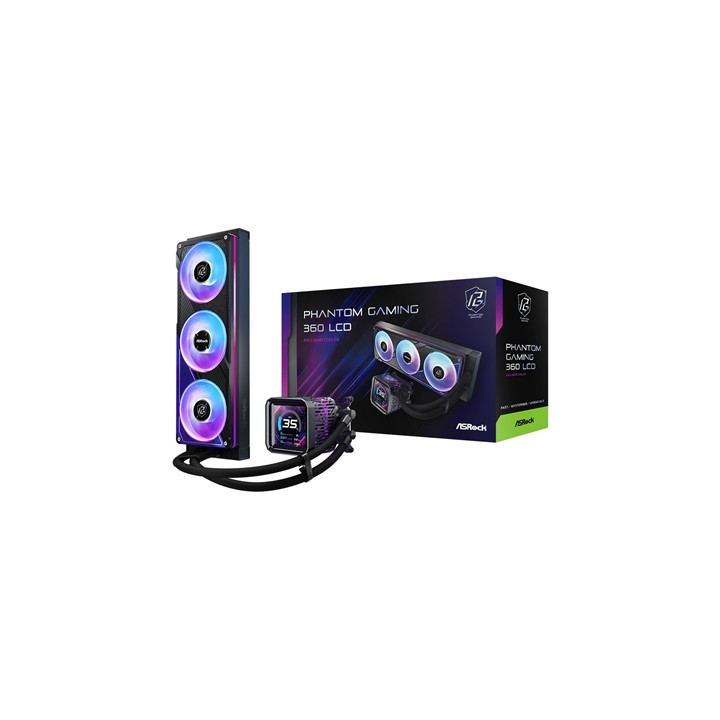 ASRock Phantom Gaming 360 LCD AIO Liquid CPU Cooler  360mm Radiator  Triple 120mm PWM ARGB Fans  LCD Display  Intel LGA1700/1851