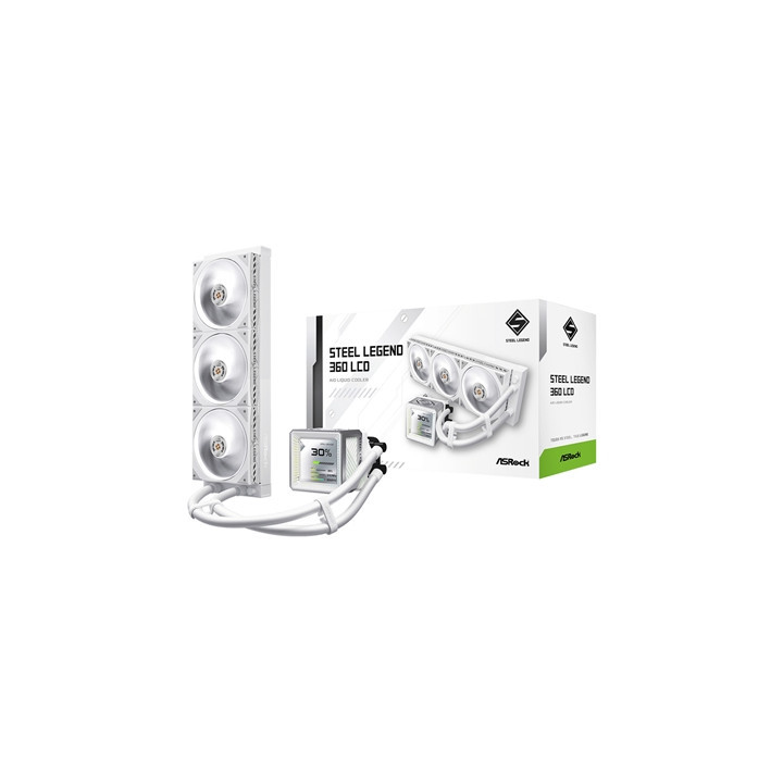 ASRock Steel Legend 360 LCD White AIO Liquid CPU Cooler  360mm Radiator  Triple 120mm PWM ARGB Fans  LCD Display  Intel LGA1700/