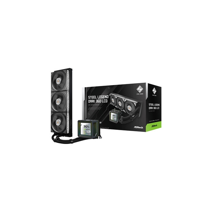 ASRock Steel Legend Dark 360 LCD AIO Liquid CPU Cooler  360mm Radiator  Triple 120mm PWM ARGB Fans  LCD Display  Intel LGA1700/1