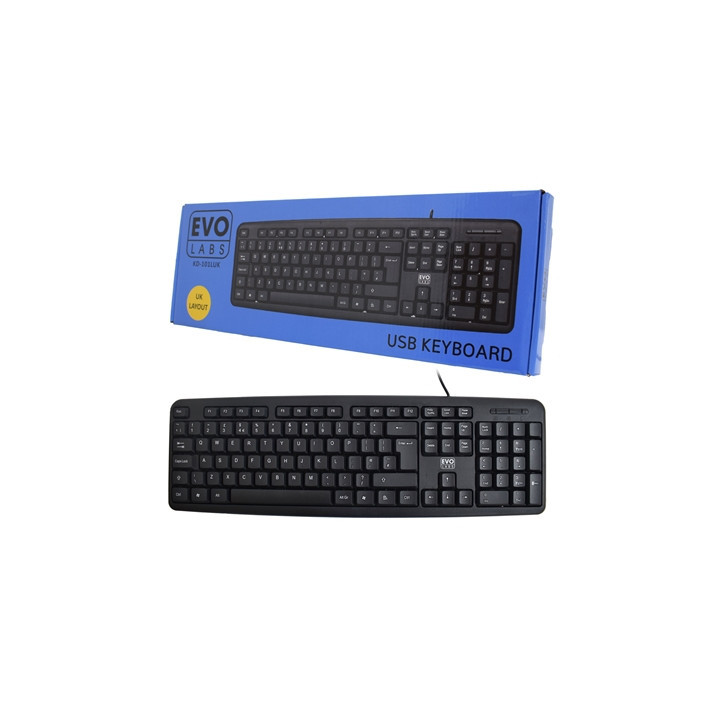 Evo Labs KD-101LUK Wired Keyboard  USB Plug and Play  Full Size  Qwerty UK Layout  Ideal for Home or Office  Black