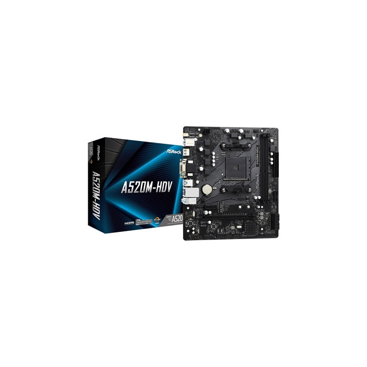 ASRock A520M-HDV Super Alloy AMD AM4 Socket Motherboard  Micro-ATX  2x DDR4 Slots  1x M.2 Socket  GbE LAN  1x D-Sub / 1x DVI-D /