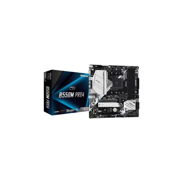 ASRock B550M Pro4 AMD AM4 Socket Motherboard  Micro-ATX  4x DDR4 Slots  2x M.2 Sockets  GbE LAN  1x D-Sub / 1x DisplayPort / 1x 