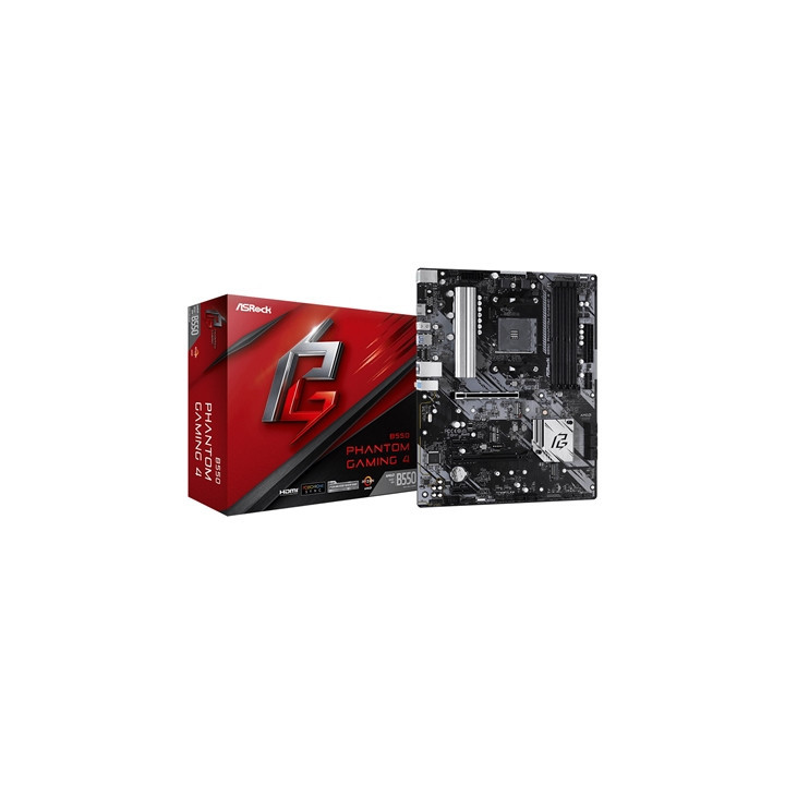 ASRock B550 Phantom Gaming 4 Super Alloy AMD AM4 Socket Motherboard  ATX  4x DDR4 Slots  2x M.2 Sockets  GbE LAN  1x HDMI Port