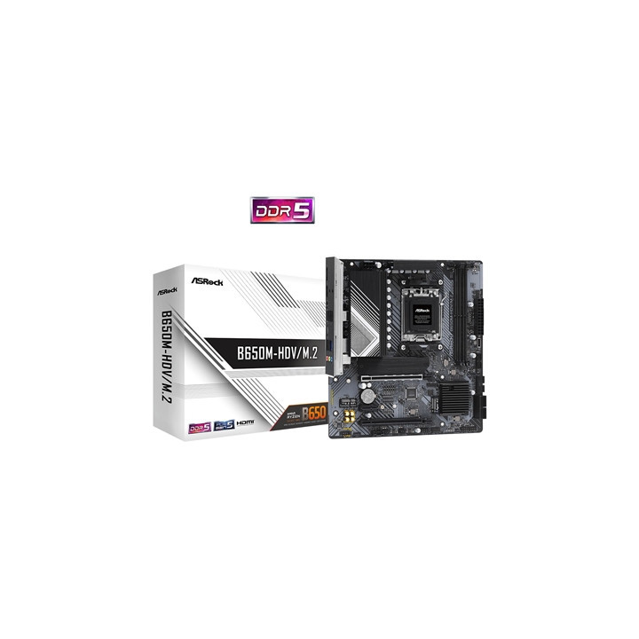 ASRock B650M-HDV/M.2 AMD AM5 Socket Motherboard  Micro-ATX  2x DDR5 Slots  2x M.2 Sockets  Fitted I/O Shield  2.5GbE LAN  1x Dis