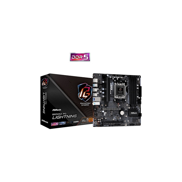 ASRock B650M PG Lightning AMD AM5 Socket Motherboard  Micro-ATX  4x DDR5 Slots  3x M.2 Sockets  1x USB-C Port  2.5GbE LAN  1x Di