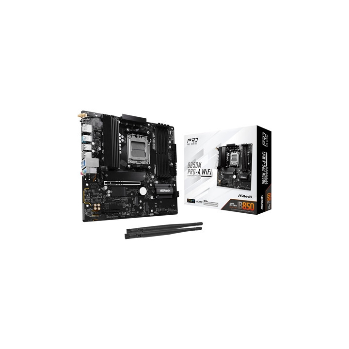 ASRock B850M Pro-A WiFi AMD AM5 Socket Motherboard  Micro-ATX  4x DDR5 Slots  3x M.2 Sockets  2.5GbE LAN  Wi-Fi 6E  1x DisplayPo