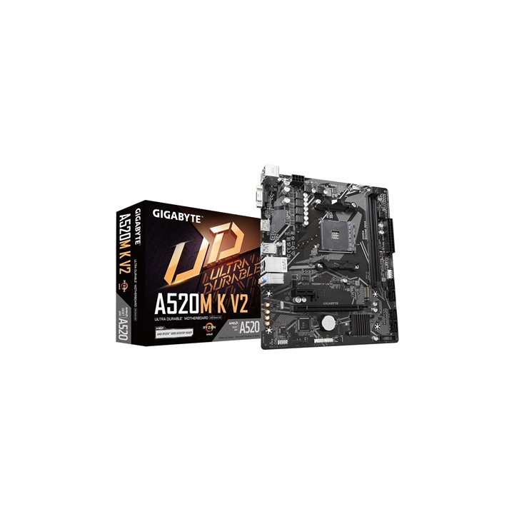 Gigabyte A520M K V2 Ultra Durable AMD AM4 Socket Motherboard  Micro-ATX  2x DDR4 Slots  1x M.2 Socket  GbE LAN  1x D-Sub / 1x HD