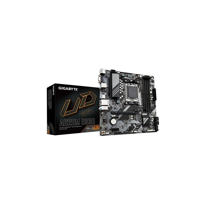 Gigabyte A620M DS3H Ultra Durable AMD AM5 Socket Motherboard  Micro-ATX  4x DDR5 Slots  1x M.2 Socket  1x USB-C Port  GbE LAN  1