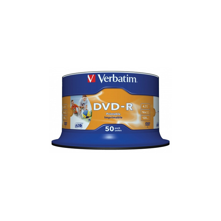Verbatim DVD-R 16X 4.7GB 50 Pack Spindle Wide Inkjet Printable No ID
