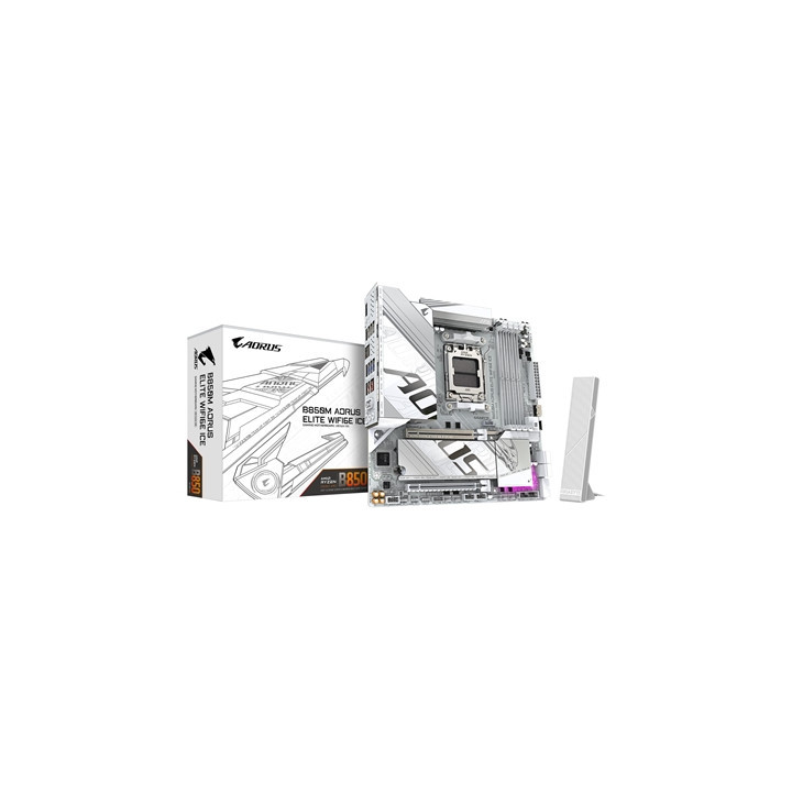 Gigabyte B850M AORUS ELITE WIFI6E ICE AMD AM5 Socket Motherboard  Micro-ATX  4x DDR5 Slots  2x M.2 Sockets  Fitted I/O Shield  2