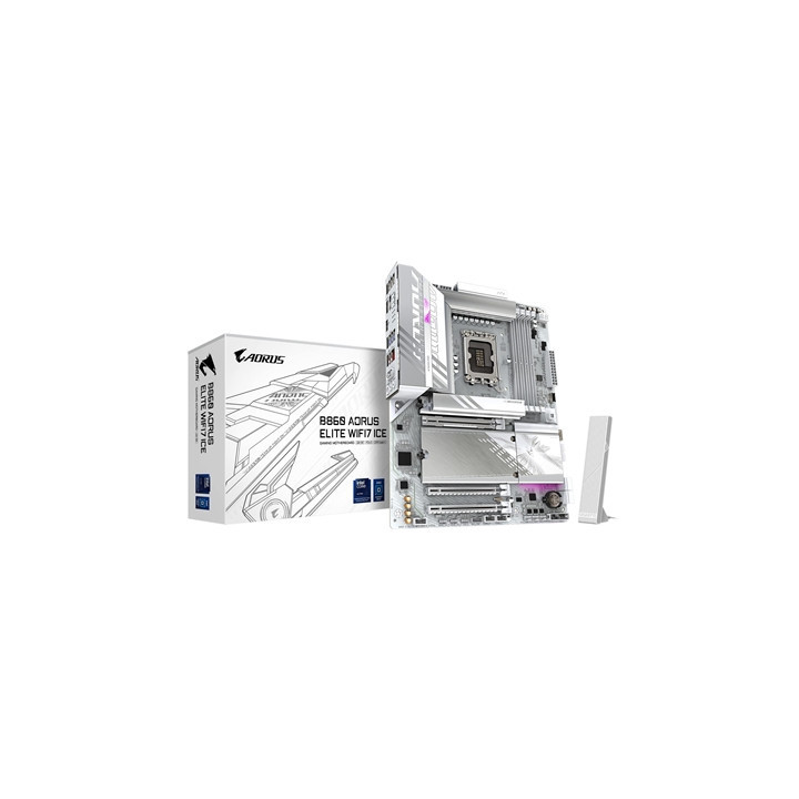Gigabyte B860 AORUS ELITE WIFI7 ICE Intel 1851 Socket Motherboard  ATX  4x DDR5 Slots  3x M.2 Sockets  Fitted I/O Shield  2.5GbE