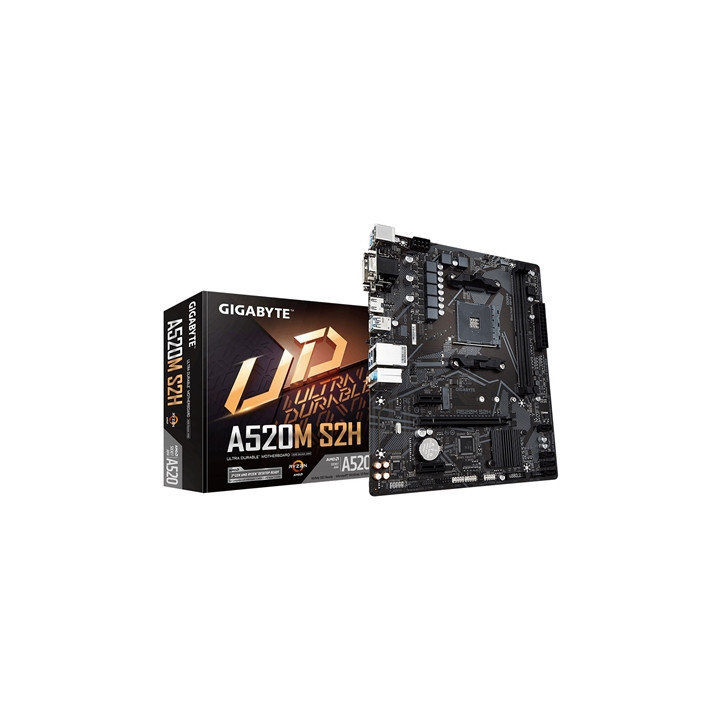 Gigabyte A520M S2H Ultra Durable AMD AM4 Socket Motherboard  Micro-ATX  2x DDR4 Slots  1x M.2 Socket  GbE LAN  1x D-Sub / 1x DVI