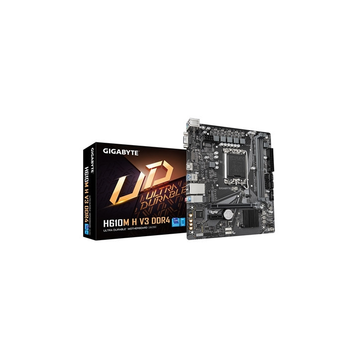 Gigabyte H610M H V3 DDR4 Ultra Durable Intel 1700 Socket Motherboard  Micro-ATX  2x DDR4 Slots  1x M.2 Socket  GbE LAN  1x D-Sub