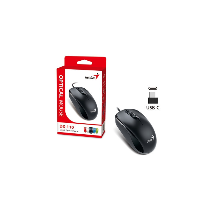 Genius DX-110 Wired USB-Type C Plug and Play Mouse  1000 DPI Optical Tracking  3 Button with Scroll Wheel  Ambidextrous Design w