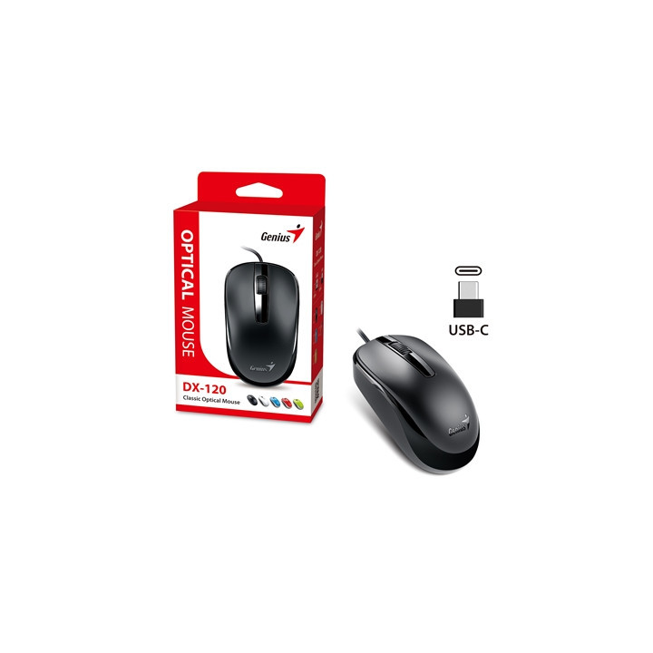 Genius DX-120 Wired USB Type-C Plug and Play Mouse  1200 DPI Optical Tracking  3 Button with Scroll Wheel  Ambidextrous Design w
