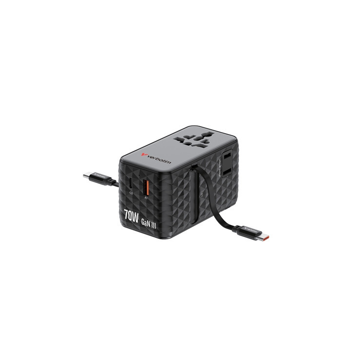 Verbatim Charge 'n' Travel 70W 2C Retractable Universal Travel Adapter Black  Fast Charging up to 70W