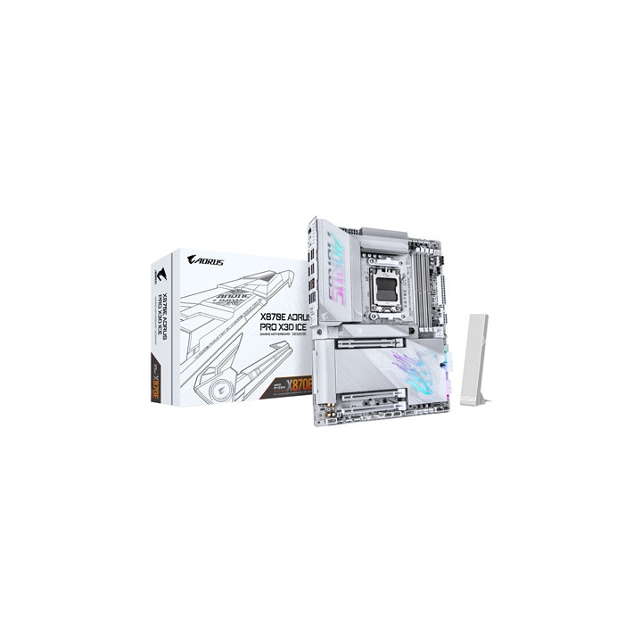 Gigabyte X870E AORUS PRO X3D ICE AMD AM5 Socket Motherboard  ATX  4x DDR5 Slots  4x M.2 Sockets  Fitted I/O Shield  5GbE LAN  Wi