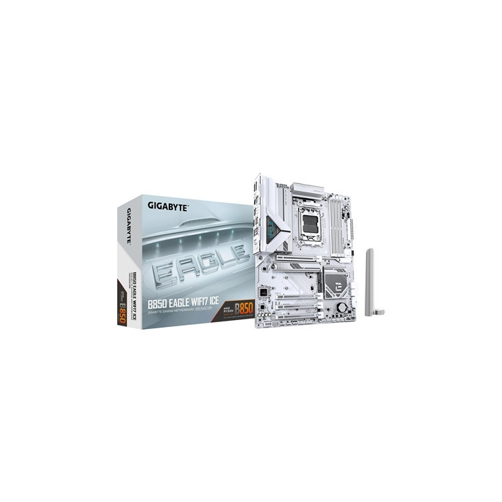 Gigabyte B850 EAGLE WIFI7 ICE AMD AM5 Socket Motherboard  ATX  4x DDR5 Slots  3x M.2 Sockets  Fitted I/O Shield  2.5GbE LAN  Wi-