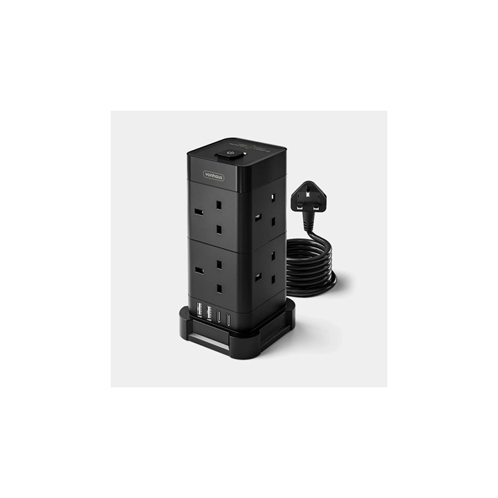 VonHaus Tower Extension Lead with USB  Power Surge Protection 2M Cable Black  8 x UK Mains Sockets  Three-Pin 13A Plugs  Arrange